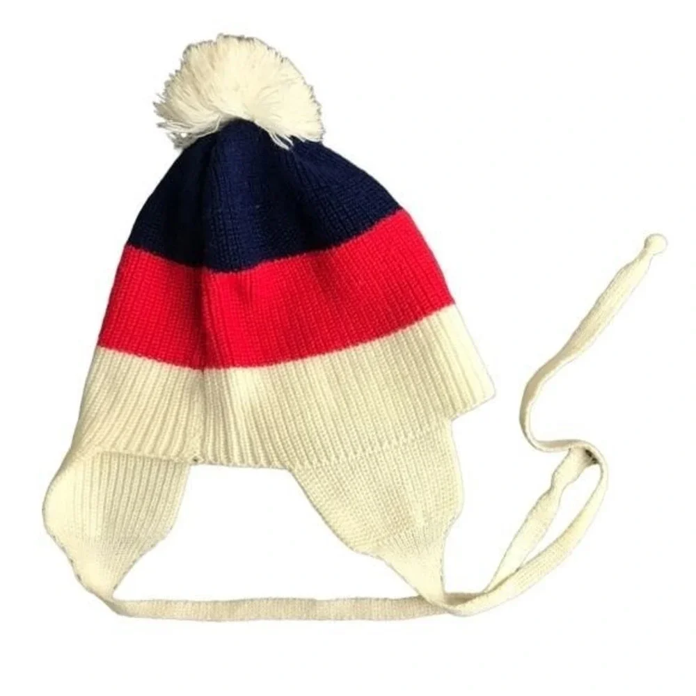 Saks Fifth Avenue Vintage Kids Wool Earflap Ski‎ Hat OS Pom Pom Preppy Americana